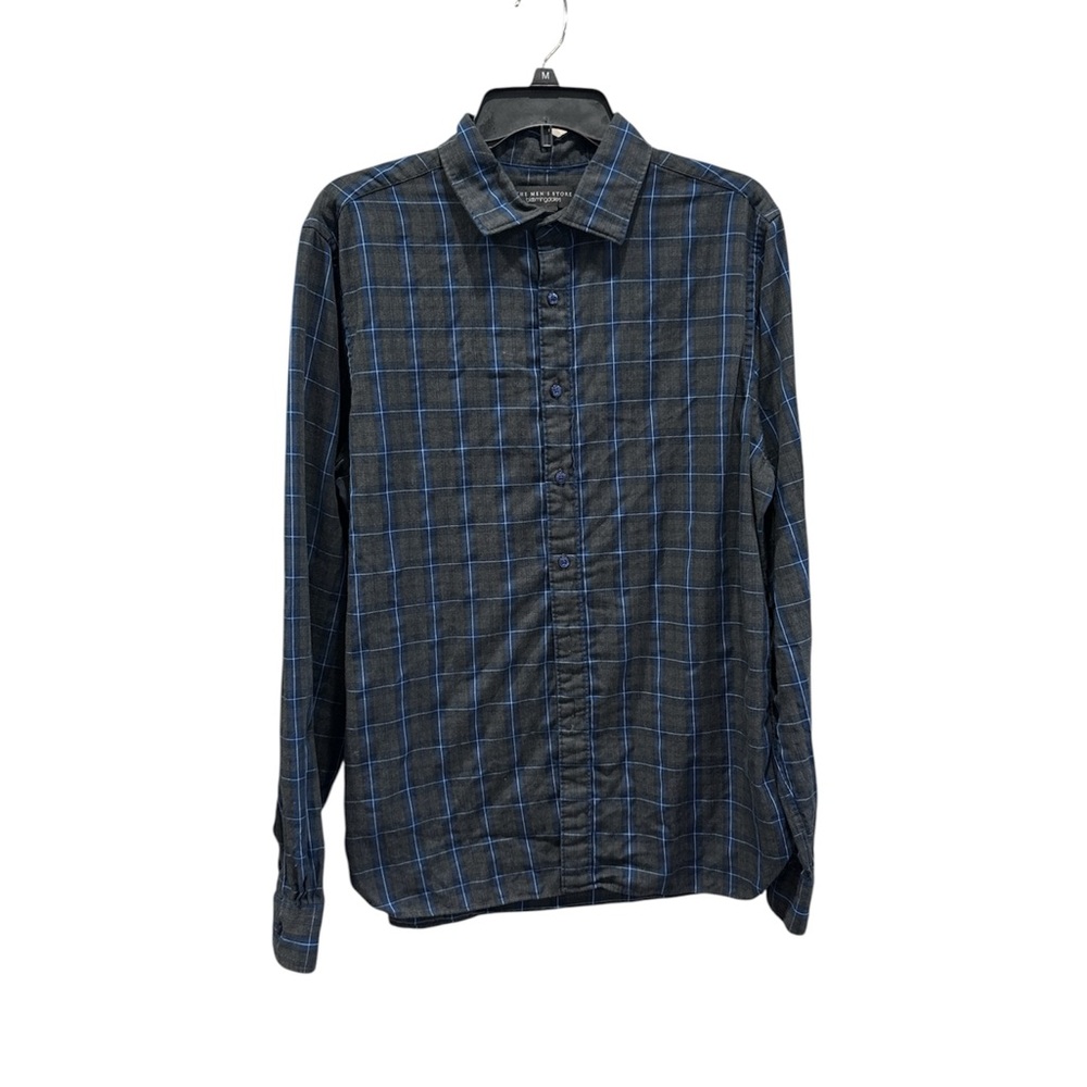 Bloomingdale's Charcoal Gray Plaid Button-Down Shirt with Blue Grid